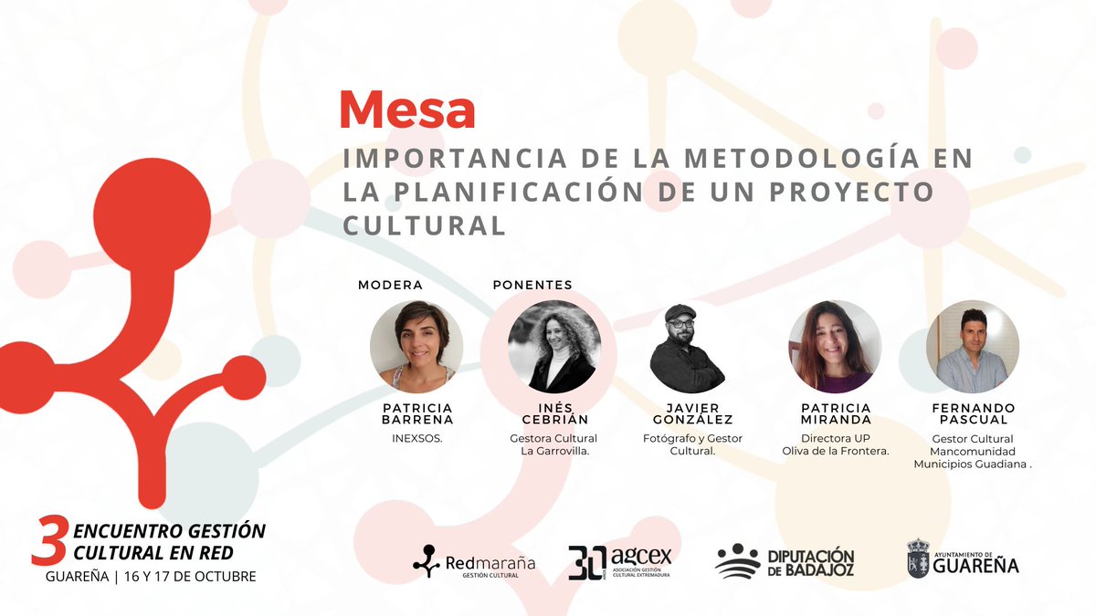 🎉 3º 𝐸𝑛𝑐𝑢𝑒𝑛𝑡𝑟𝑜 𝑅𝑒𝑑𝑀𝑎𝑟𝑎𝑛̃𝑎 "𝐶𝑜𝑛𝑒𝑐𝑡𝑎𝑛𝑑𝑜 𝑇𝑒𝑟𝑟𝑖𝑡𝑜𝑟𝑖𝑜𝑠", organizado por <a href="/AgcexOrg/">AGCEX</a> : uniendo agentes clave culturales de #Extremadura. Mañana moderamos la mesa sobre #Metodología en la #Planificación. ¡Participa! 

👉 agcex.org/redmarana/encu…