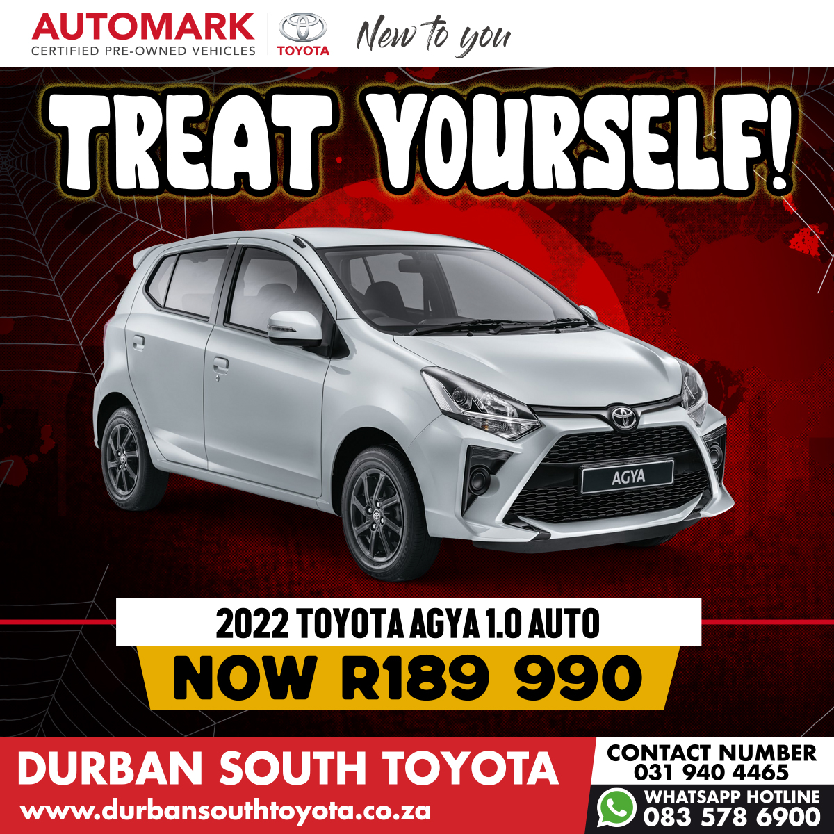 dstoyota's tweet photo. Treat yourself to HUGE savings this October at Durban South Toyota. Drive a 2022 Toyota Agya 1.0 Auto for only R189 990. Visit our Automark Showroom to view this amazing vehicle and test drive it for yourself.

#TreatYourself #AutomarkCertified #DurbanSouthToyota #ToyotaSA https://t.co/GnbYYUunGh