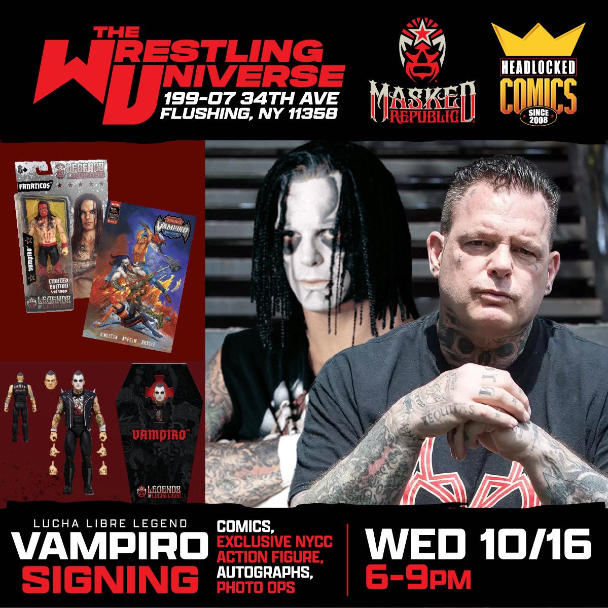 Masked Republic (@maskedrepublic) on Twitter photo TODAY! 6-9 PM in NYC at <a href="/TheWrestlingUni/">Wrestling Universe</a>! Meet <a href="/vampiro_vampiro/">vampiro canadiense</a> and Michael Kingston (<a href="/HeadlockedComic/">Headlocked Comics</a>) and get <a href="/maskedrepcomics/">maskedrepubliccomics</a> & <a href="/Massivepublish/">Massive Publishing</a>’s Vampiro: Rockabilly Apocalypse #1 signed! Plus action figures, photo ops and more! TODAY! 6-9 PM in NYC at <a href="/TheWrestlingUni/">Wrestling Universe</a>! Meet <a href="/vampiro_vampiro/">vampiro canadiense</a> and Michael Kingston (<a href="/HeadlockedComic/">Headlocked Comics</a>) and get <a href="/maskedrepcomics/">maskedrepubliccomics</a> & <a href="/Massivepublish/">Massive Publishing</a>’s Vampiro: Rockabilly Apocalypse #1 signed! Plus action figures, photo ops and more!