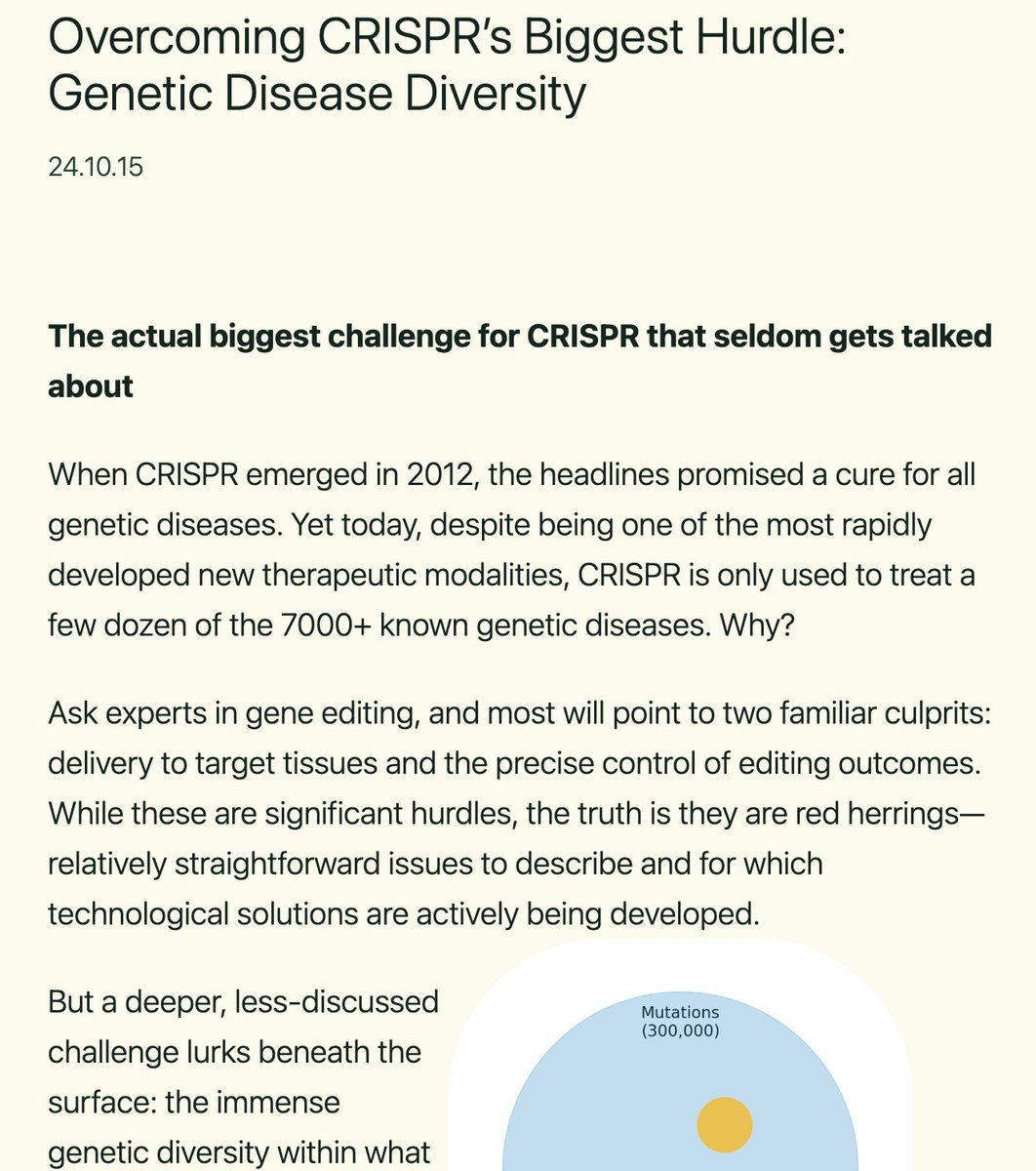 CRISPR_LuCas's tweet photo. The biggest hurdle to implementing CRISPR at scale seldom gets discussed: genetic diversity within a single disease.

I wrote a post about it to explain this bottleneck and some of the emerging solutions I’m excited about. https://t.co/nQRk3KJeca