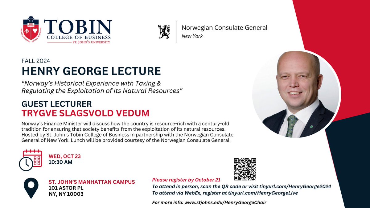 tobincollege's tweet photo. Norway's current Finance Minister and prominent politician Trygve Slagsvold Vedum will deliver the Fall 2024 Henry George Lecture on Wed 10/23 at 10:30AM in @StJohnsU Manhattan campus. Register by 10/21 at https://t.co/e2sAW3OLKs. https://t.co/k2ot1Vw4f5