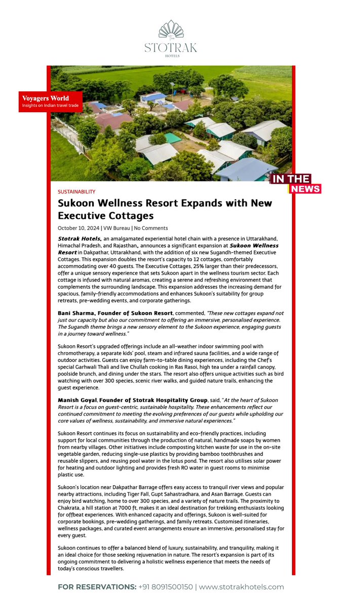 StotrakH's tweet photo. 🌍 Sukoon Wellness Resort expands with 6 eco-friendly cottages in Uttarakhand! Enjoy natural aromas, an all-weather pool, and farm-to-table dining. Perfect for a sustainable wellness retreat.

#WellnessResort #EcoFriendly #LuxuryTravel #StotrakHotels #Uttarakhand https://t.co/BdWsrvMnOD