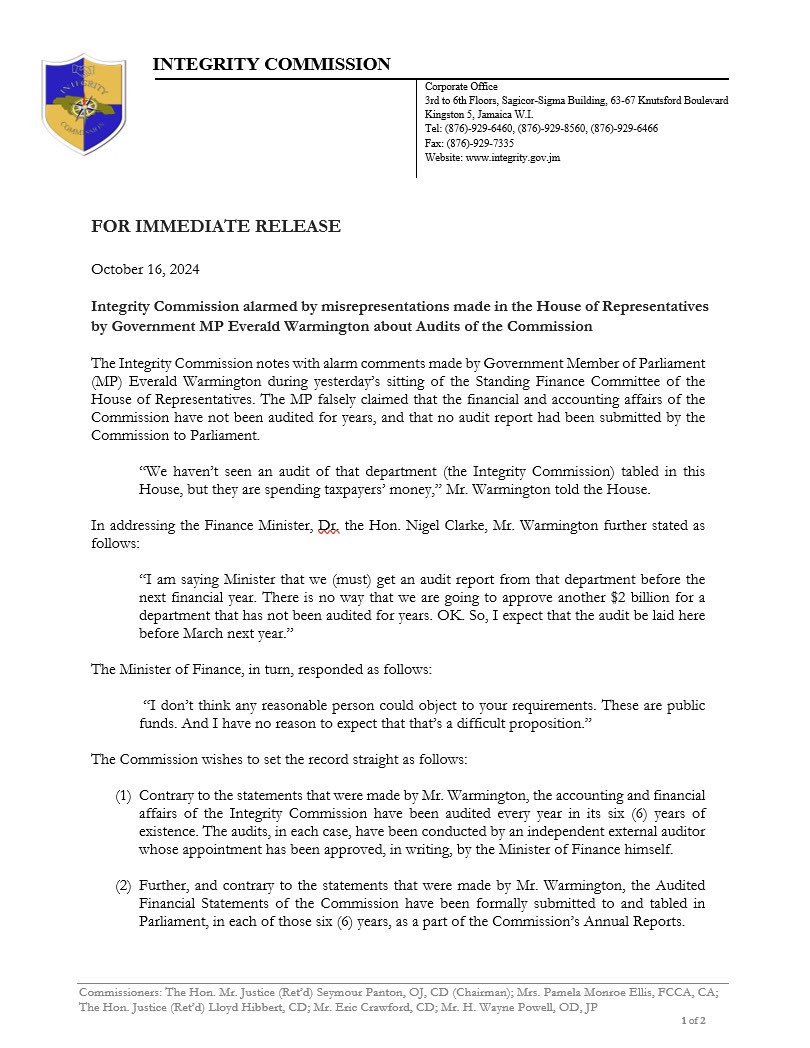 integrityja's tweet image. Public Notice 

The attached Media Release was issued by the Integrity Commission this morning.