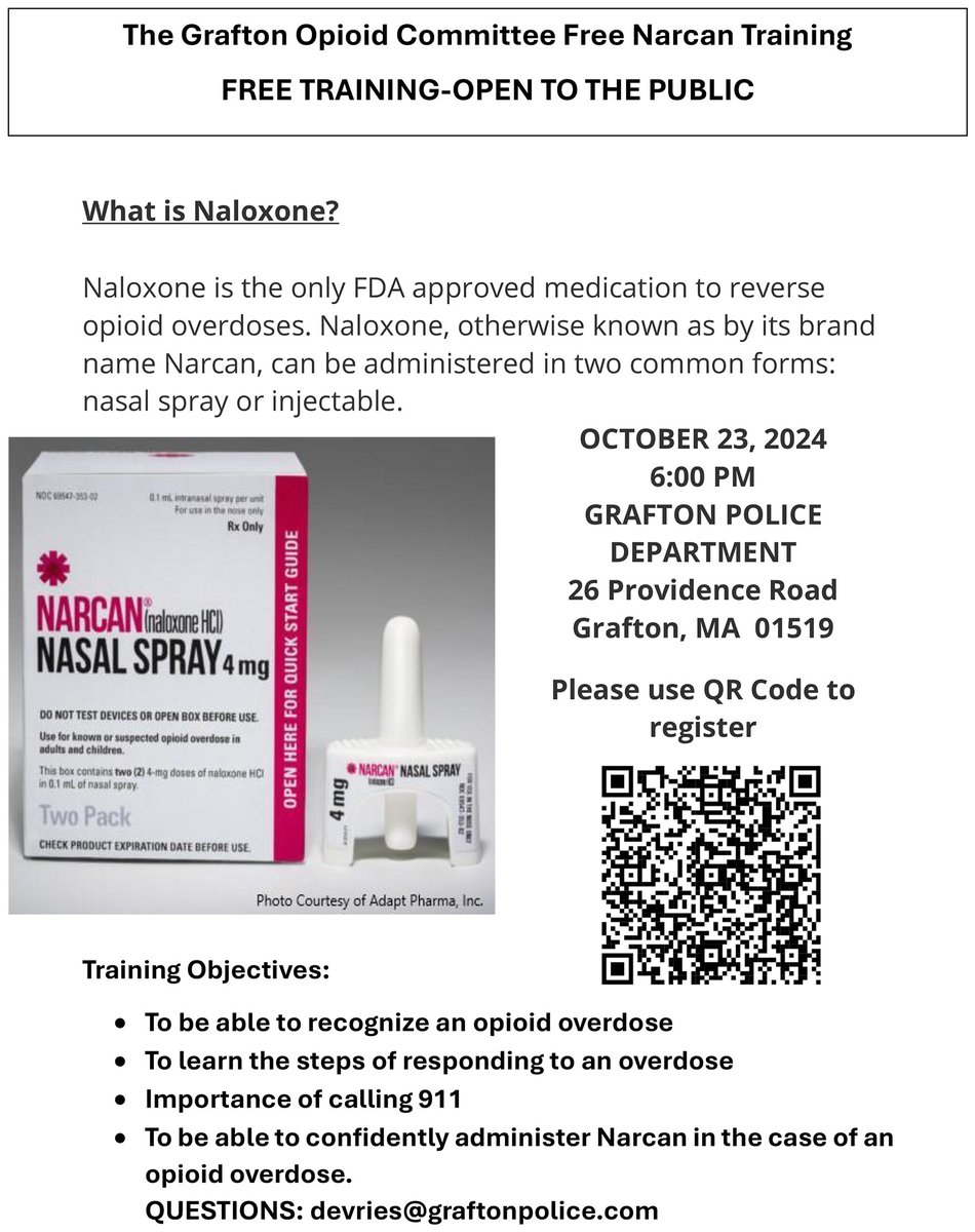 WDPH (@worcesterdph) on Twitter photo A week from today, on Oct. 23, the <a href="/TownofGraftonMA/">Town of Grafton</a> Opioid Subcommittee is hosting a free Narcan training open to the public at 6 pm <a href="/GraftonPolice/">Grafton Police</a> Department (28 Providence Road).
Learn how to confidently recognize and respond to an overdose.
Register: grafton-ma.gov/FormCenter/Opi… A week from today, on Oct. 23, the <a href="/TownofGraftonMA/">Town of Grafton</a> Opioid Subcommittee is hosting a free Narcan training open to the public at 6 pm <a href="/GraftonPolice/">Grafton Police</a> Department (28 Providence Road).
Learn how to confidently recognize and respond to an overdose.
Register: grafton-ma.gov/FormCenter/Opi…