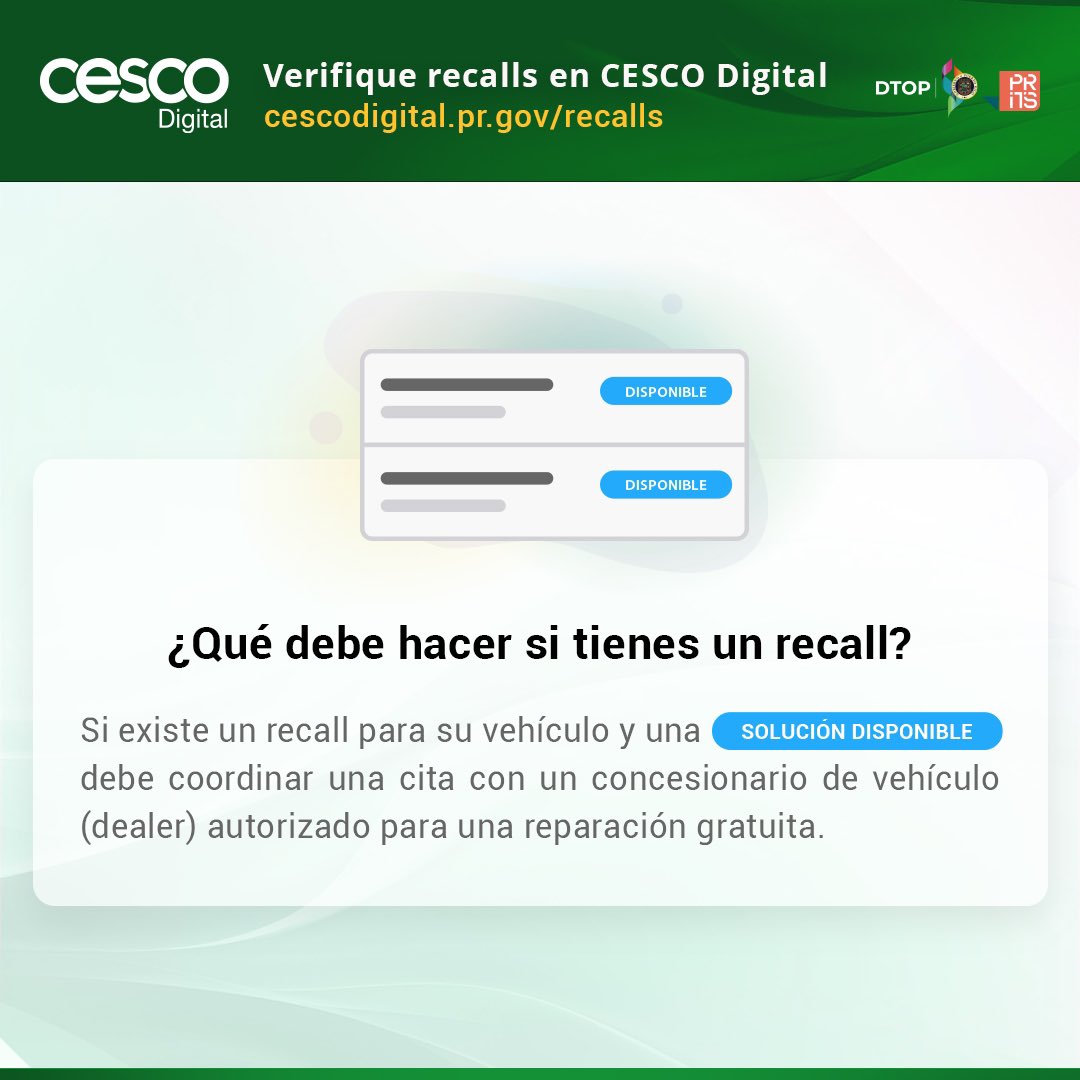 DTOP's tweet photo. Dueño de vehículo,  desde hoy puedes acceder en la página web https://t.co/TvDQktEd9F, para conocer si tu vehículo tiene un llamado de revisión por seguridad(Safety Recall). https://t.co/l1MR0oCMjQ