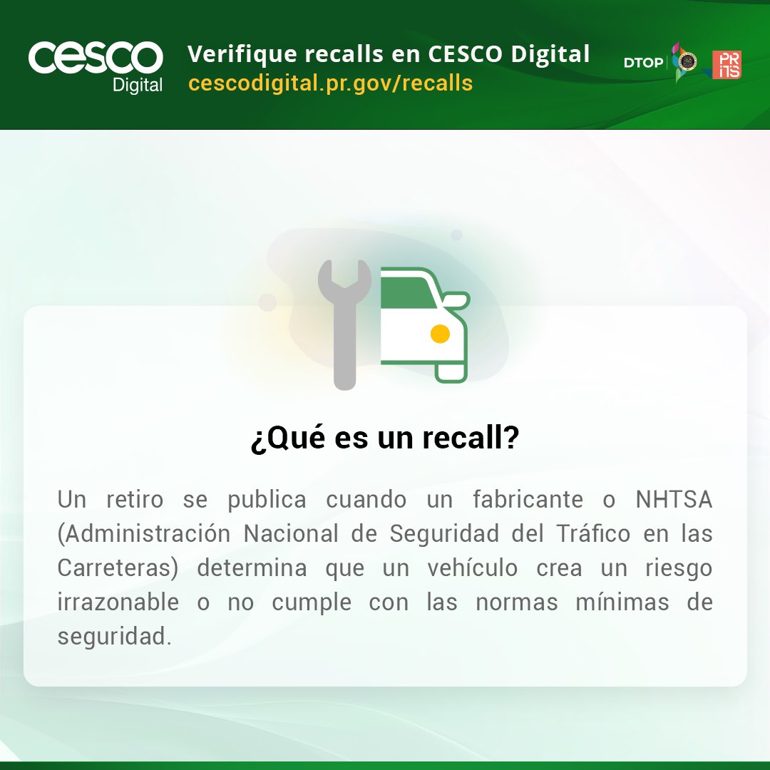 DTOP's tweet photo. Dueño de vehículo,  desde hoy puedes acceder en la página web https://t.co/TvDQktEd9F, para conocer si tu vehículo tiene un llamado de revisión por seguridad(Safety Recall). https://t.co/l1MR0oCMjQ