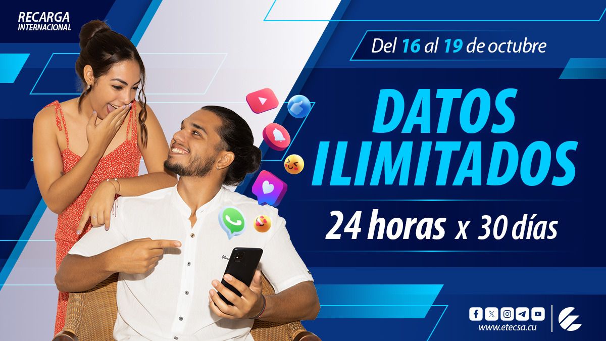 ¡La promo que esperabas ya está aquí! 🔥
Desde hoy y hasta el día 19 recarga y obtendrás ¡datos ilimitados las 24 horas por 30 días!  🌐
¡No dejes pasar esta oferta! Más detalles en etecsa.cu 📲
#RecargaInternacional