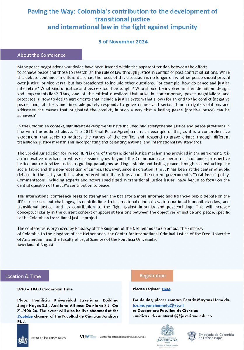 CICJ_VU's tweet photo. On 5 November, CICJ's @beatrichMH organizes a conference in Bogotá, 'Paving the Way: Colombia's contribution to the development of transitional justice and international law in the fight against impunity'. See https://t.co/44115Sd8SF https://t.co/hQA2NA6OT2