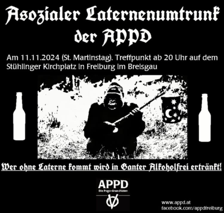 Werte Kamernossinnen, werte Kamernossen.

Auch dieses Jahr ist es wieder so weit und die Partei der betrunkenen Pyromanen lädt erneut zum Asozialen Laternenumtrunk am St. Martinstag.
Fick heil!