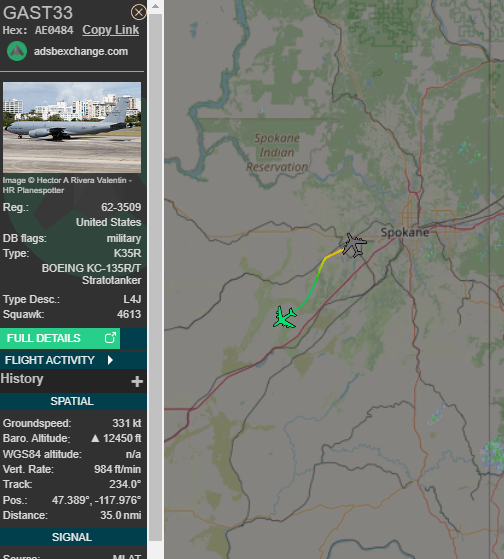 JafOsinta's tweet image. KC-135R GAST33 #AE0484 out of Fairchild AFB. I don't think I've ever seen GAST as a callsign before, might be new.
globe.adsbexchange.com/?icao=ae0484