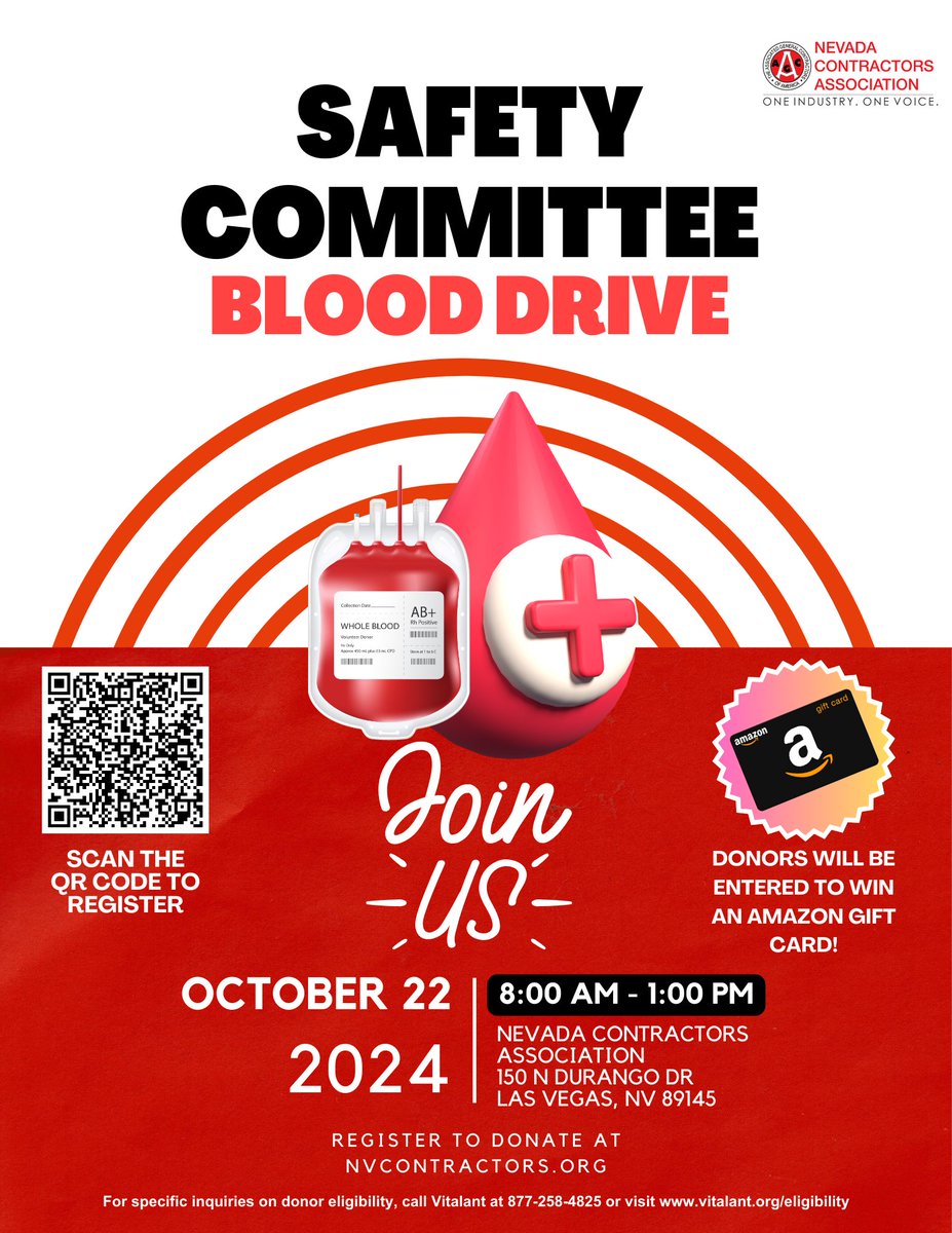 Last Call for Lifesavers!  Today is your final chance to register for NCA Safety Committee's blood drive with Vitalant! But don’t worry—walk-ins are welcome too! Register here: web.nvcontractors.org/.../NCASafety.…
Let’s make a difference together! #DonateBlood #SaveLives #NCA #safetycommittee