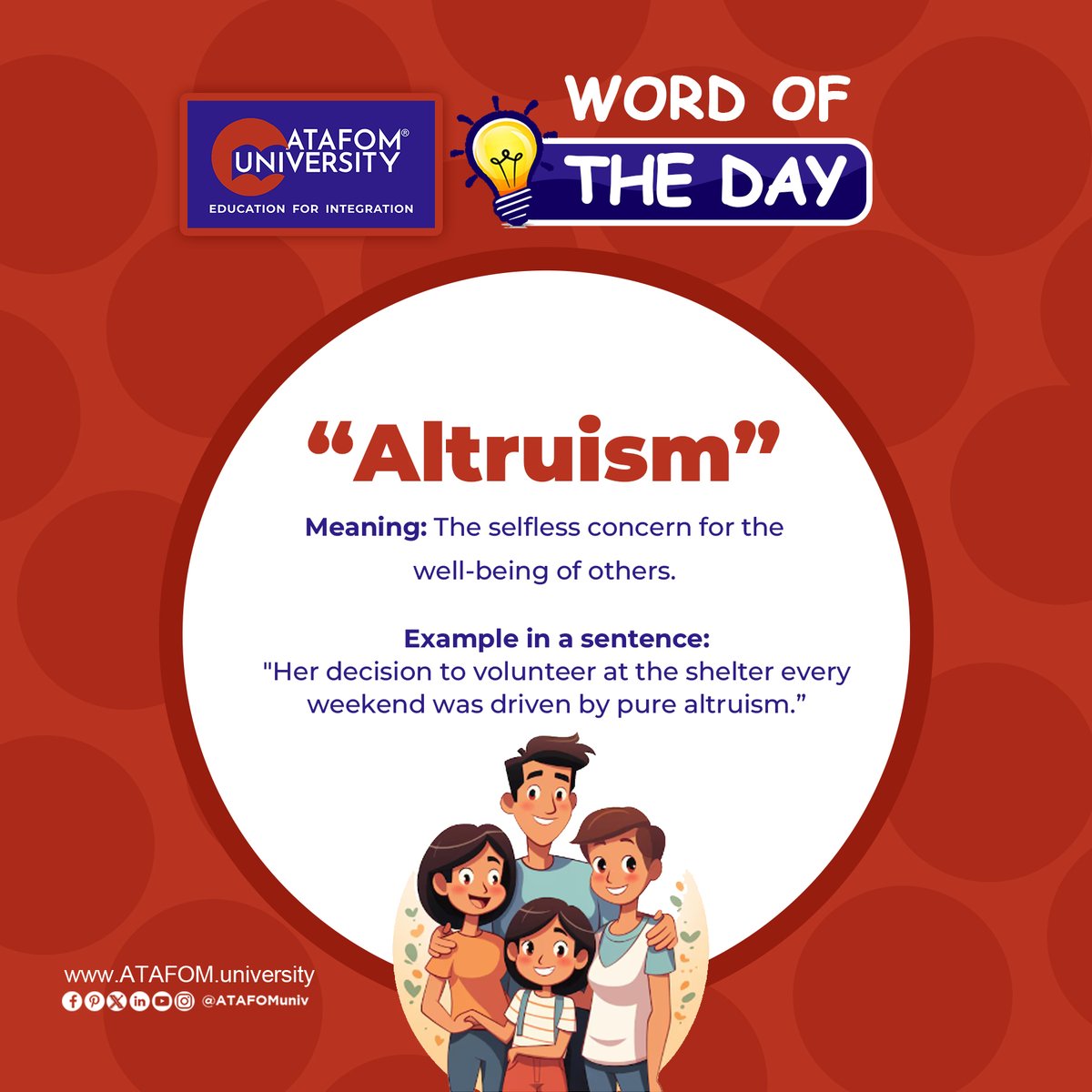 ATAFOMUni's tweet photo. Get ready for the English Qualification test with ATAFOM Language Academy.
Word of the day: ALTRUISM
Embark on your educational journey at ATAFOM University. Don't miss out, apply now!
Apply here: https://t.co/PEIP5cMzEl
#OnlineCampus #ATAFOMOnlineCampus #OnlineLearning #Learning #Education #StudentLife #Inspiration #BachelorCourses #EducationMatters #UniversityLife #AdmissionOpen #EqualOpportunities #ATAFOM #ATAFOMUniversity #EducationForIntegration #SakirYavuz #InternationalUniversity #OnlineEducation #NigeriaUniversity #ZambiaUniversity #SouthAfricaUniversity #IndiaUniversity #TurkeyUniversity #GermanyUniversity #BeninUniversity