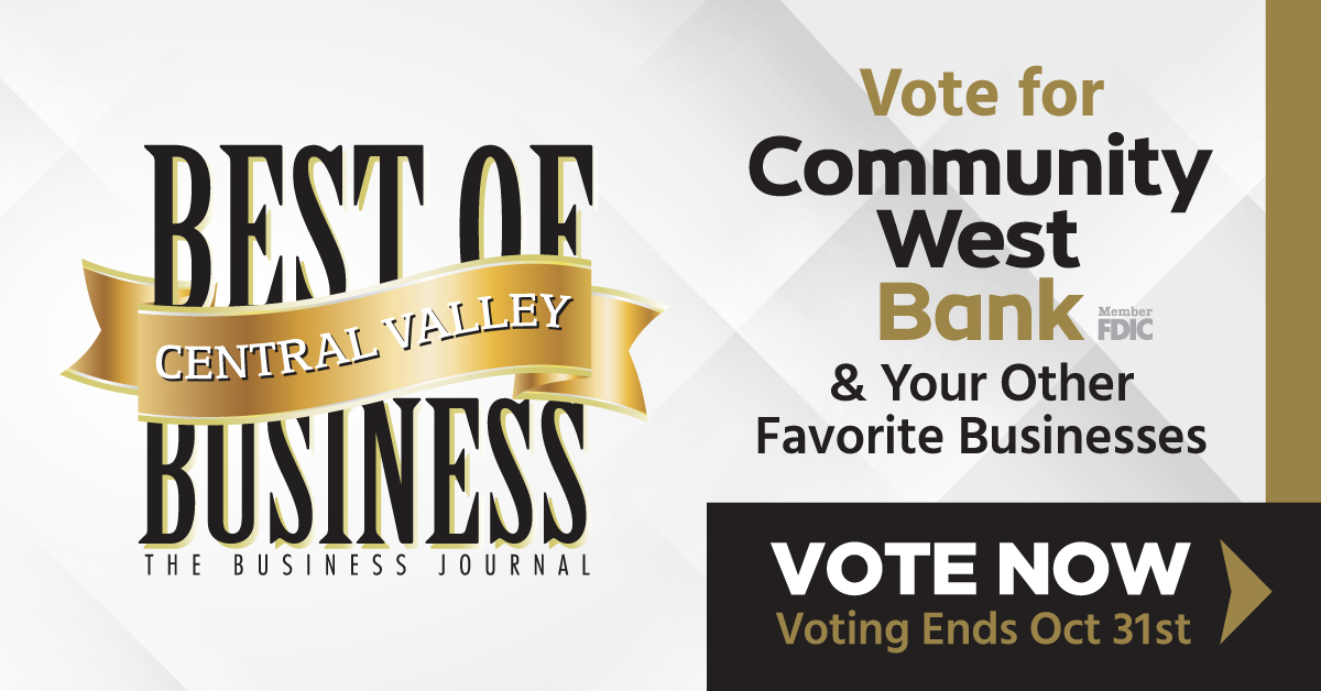 Community West Bank (@cwb_bank) on Twitter photo We're voting for our favorite business partners in <a href="/TBJFresno/">The Business Journal</a>’s Best of Central Valley Business contest and we hope you are too! Cast your vote today at thebusinessjournal.com/bestofsurvey/ We're voting for our favorite business partners in <a href="/TBJFresno/">The Business Journal</a>’s Best of Central Valley Business contest and we hope you are too! Cast your vote today at thebusinessjournal.com/bestofsurvey/