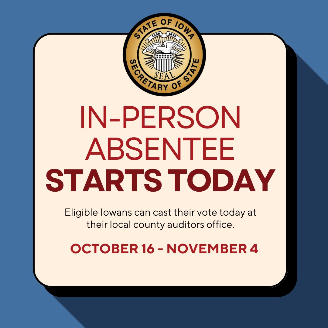 Today's the day, Iowa! In-person absentee voting kicks off at your county auditor's office. Beat the Election Day rush and make your voice heard early. Find your auditor's info at sos.iowa.gov. 

Your vote, your choice on when to cast it!