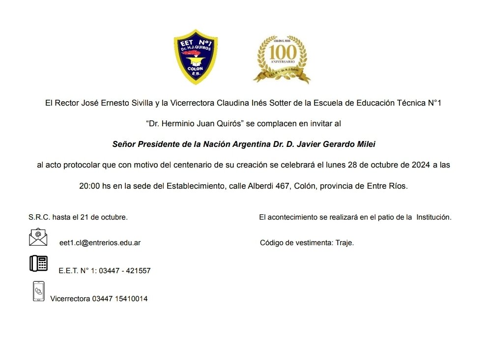 CLAUDINA_SOTTER's tweet photo. Buenos días Señor Presidente @JMilei Le envío invitación a acto protocolar de la Técnica 1 de Colón, Entre Ríos. Nos gustaría contar con su presencia. https://t.co/rZqwJLkPzS
