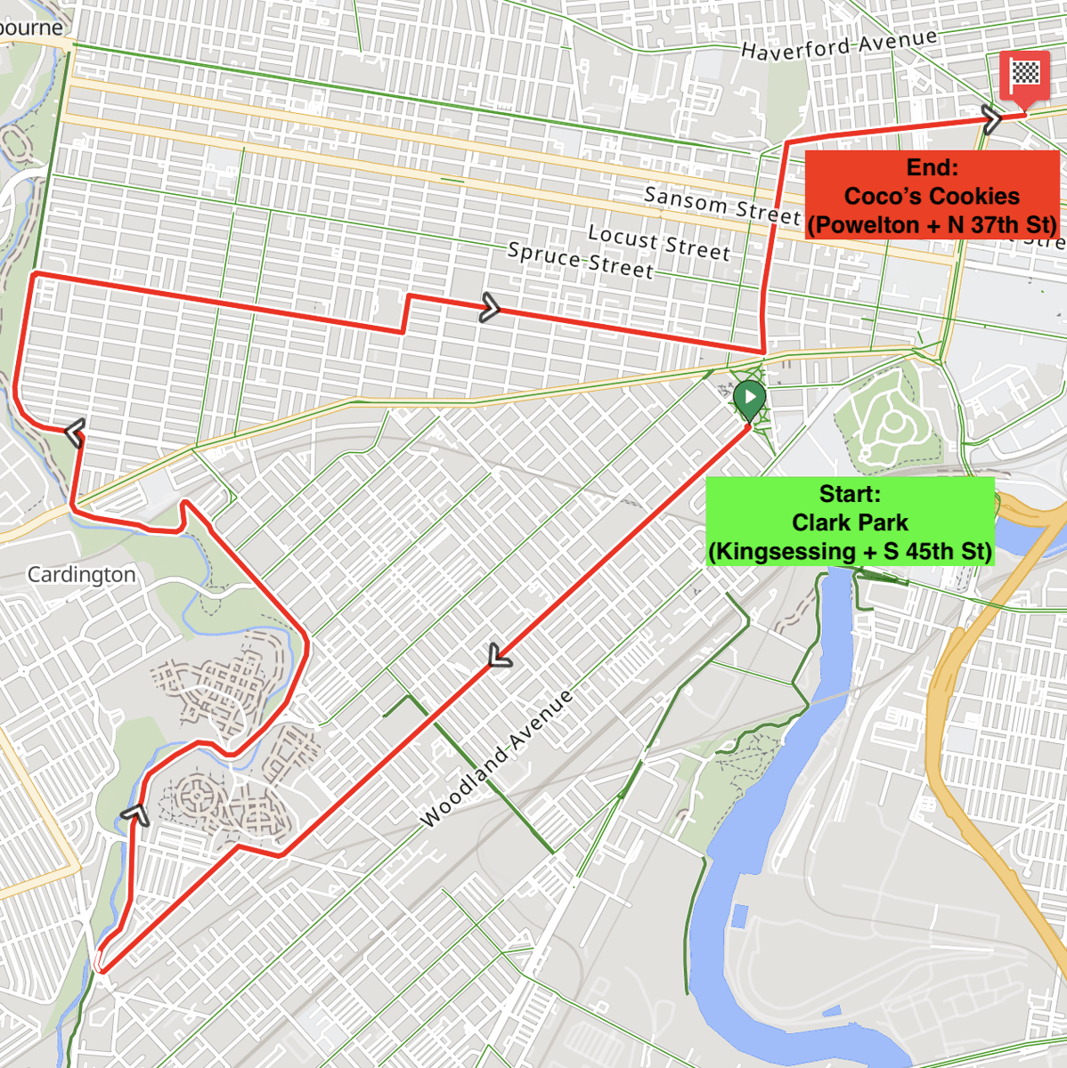 TONIGHT bring lites &amp; layers!

Start: Clark Park (corner of Kingsessing &amp; S 45th St)
Meet @ 7, roll @ 7:10pm
End: Coco’s Cookies &amp; Creamery, Powelton &amp; N 37th St
Length: 9.1 miles, mostly flat (+306ft/-263 ft)
Difficulty: Standard, with some modest hills