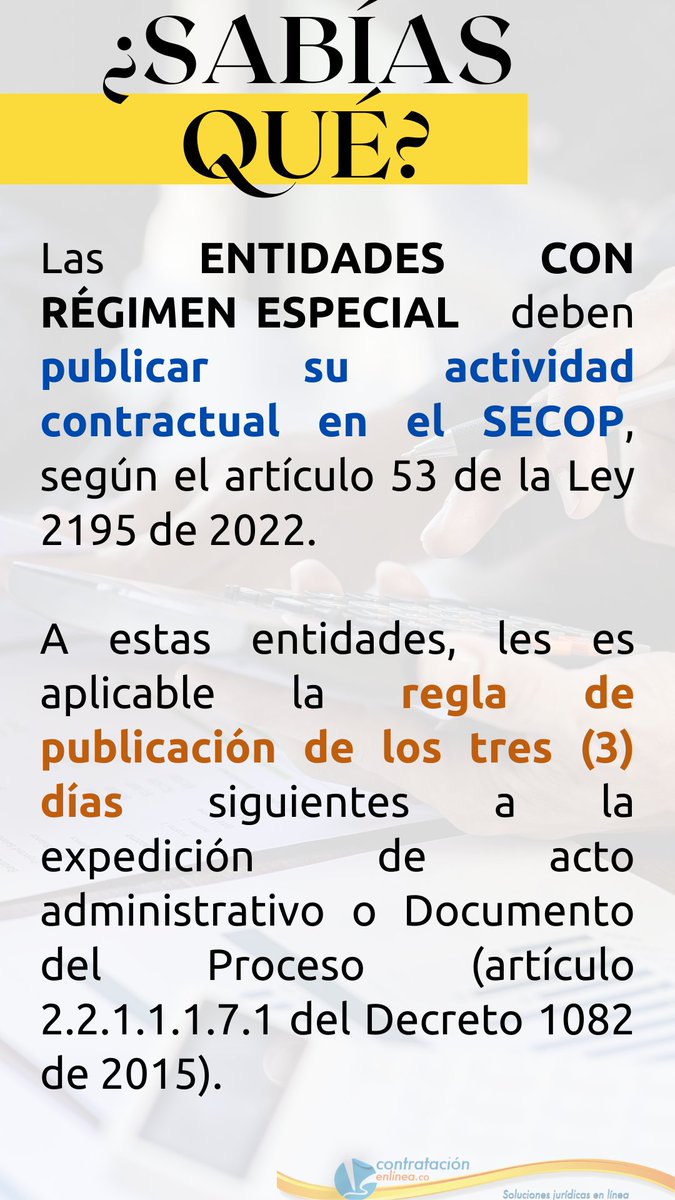 📌¿Sabias que las ENTIDADES CON RÉGIMEN ESPECIAL/EXCEPTUADAS del Estatuto General de Contratación, deben publicar los documentos relacionados con su actividad contractual en el SECOP❓ contratacionenlinea.co/documentos/con…