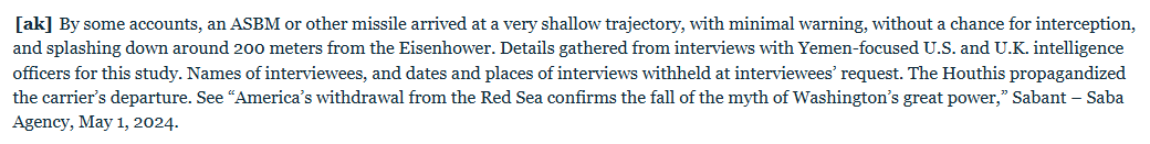 "A Houthis anti-ship ballistic missile or other missile arrived at a very shallow trajectory, with minimal warning, without a chance for interception, and splashing down 200 meters from US Navy aircraft carrier USS Dwight D. Eisenhower."
ctc.westpoint.edu/a-draw-is-a-wi…