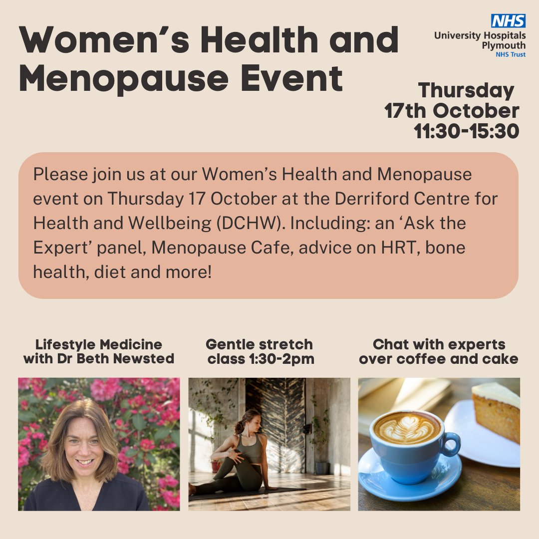 UHP Staff Wellbeing (@uhpwellbeing) on Twitter photo Happy Menopause Awareness Month, aimed at breaking taboos and improving women’s health and wellbeing. Join us at our staff Women’s Health and Menopause Event hosted by the Women’s Network on Thursday 17th October, 11.30am to 3.30pm at DCHW. #HealthyTransitions <a href="/UHP_NHS/">University Hospitals Plymouth NHS Trust</a> Happy Menopause Awareness Month, aimed at breaking taboos and improving women’s health and wellbeing. Join us at our staff Women’s Health and Menopause Event hosted by the Women’s Network on Thursday 17th October, 11.30am to 3.30pm at DCHW. #HealthyTransitions <a href="/UHP_NHS/">University Hospitals Plymouth NHS Trust</a>
