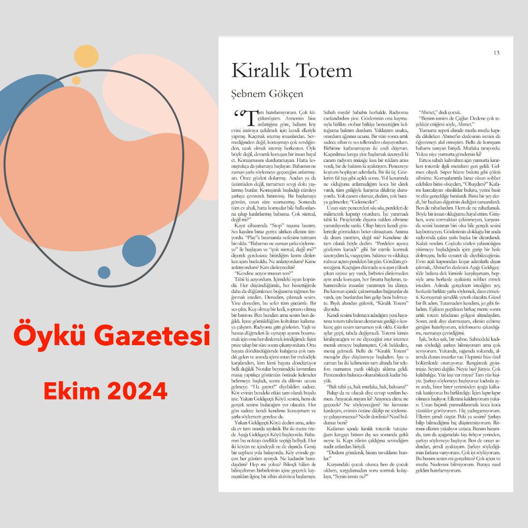 "Böyle bir insan olduğumu hayal ettim. Girişken, soru sormaktan çekinmeyen, karşısında sesini bastıran biri olsa bile gerçek sesini kaybetmeyen."

Şebnem Gökçen 
Kiralık Totem 
Öykü Gazetesi 13'de.

veveya.net/oykugazetesi/o…