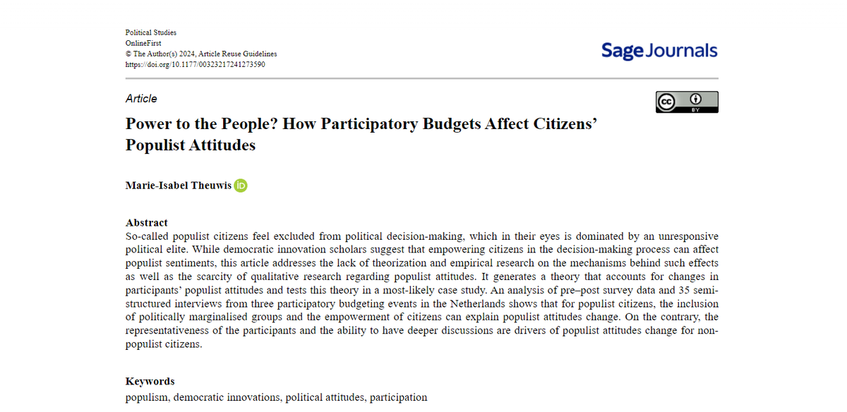 Political Studies (@polstudies) on Twitter photo How do participatory budgets affect citizens’ populist attitudes? <a href="/MarieTheuwis/">Marie-Isabel Theuwis</a> finds they pay attention to whether authorities take them & their decisions seriously. Read in <a href="/PolStudies/">Political Studies</a>: journals.sagepub.com/doi/full/10.11… (OPEN ACCESS)
@SAGECQPolitics <a href="/PolStudiesAssoc/">Political Studies Association</a> <a href="/uniyorkpolitics/">Department of Politics and International Relations</a> How do participatory budgets affect citizens’ populist attitudes? <a href="/MarieTheuwis/">Marie-Isabel Theuwis</a> finds they pay attention to whether authorities take them & their decisions seriously. Read in <a href="/PolStudies/">Political Studies</a>: journals.sagepub.com/doi/full/10.11… (OPEN ACCESS)
@SAGECQPolitics <a href="/PolStudiesAssoc/">Political Studies Association</a> <a href="/uniyorkpolitics/">Department of Politics and International Relations</a>