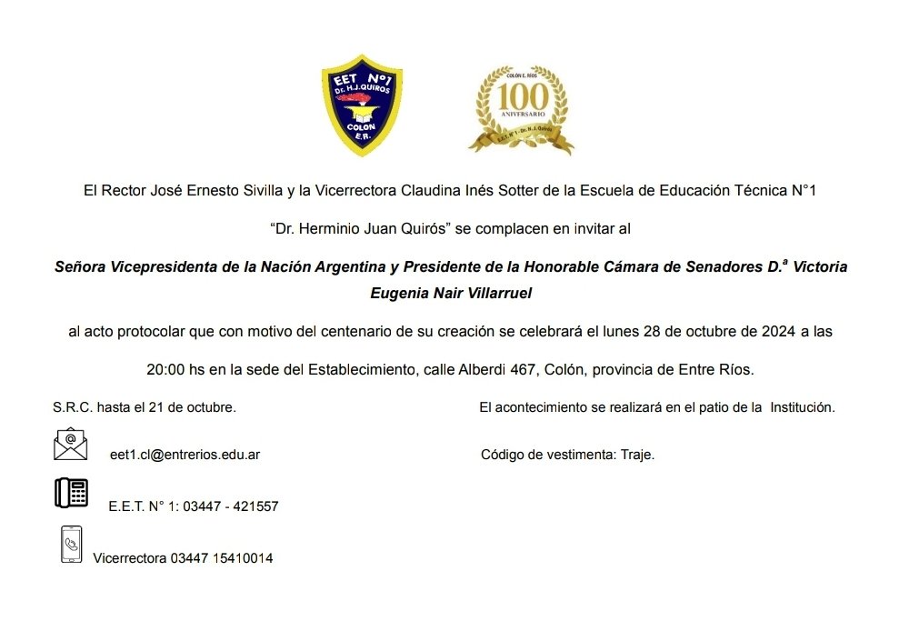CLAUDINA_SOTTER's tweet photo. Buenos días Señora Vice presidente @VickyVillarruel . Le envío invitación a acto protocolar de la escuela Técnica 1 de Colón, Entre Ŕios. Esperamos contar con su presencia. https://t.co/oGU9MZbtLg