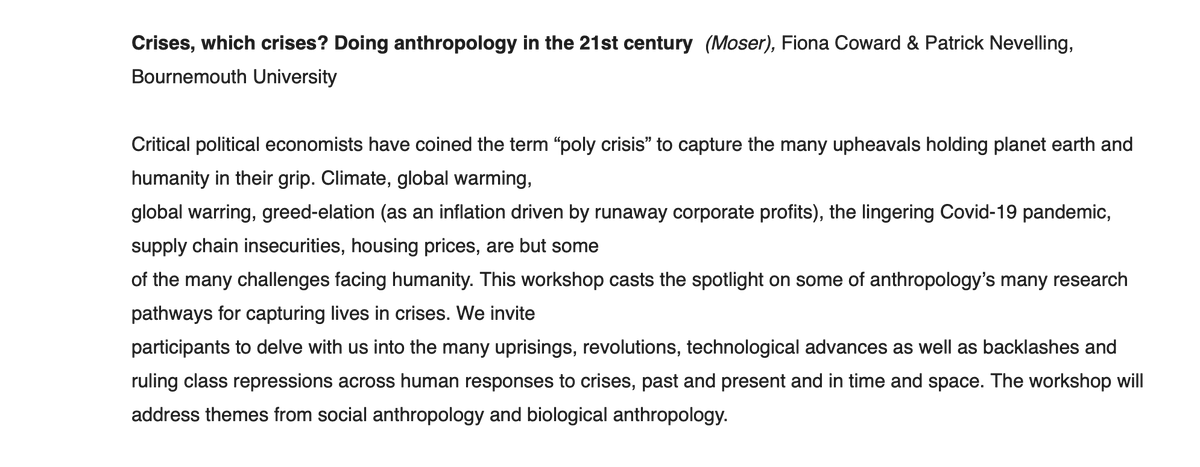 Join us for the #LAD2024 workshop this Friday from 3pm (Moser Lecture Theatre) on:
"Crises, which crises? Doing anthropology in the 21st century"
<a href="/FionaCoward/">Agent of Chaos</a> &amp; <a href="/NevelingPatrick/">Patrick Neveling</a> will be giving tasters on studiyng #anthropology at <a href="/bournemouthuni/">Bournemouth Uni</a>