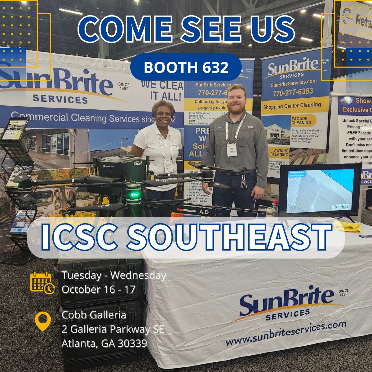 SunBriteClean's tweet photo. 🎪Come visit us at the ICSC Southeast Show in Atlanta, GA, today and tomorrow! Let’s discuss how we can help your business shine, from pressure washing to sign cleaning and more!

#ICSCSoutheast #SunBriteServices #CommercialCleaning #Networking https://t.co/9xIOeJ8JL4