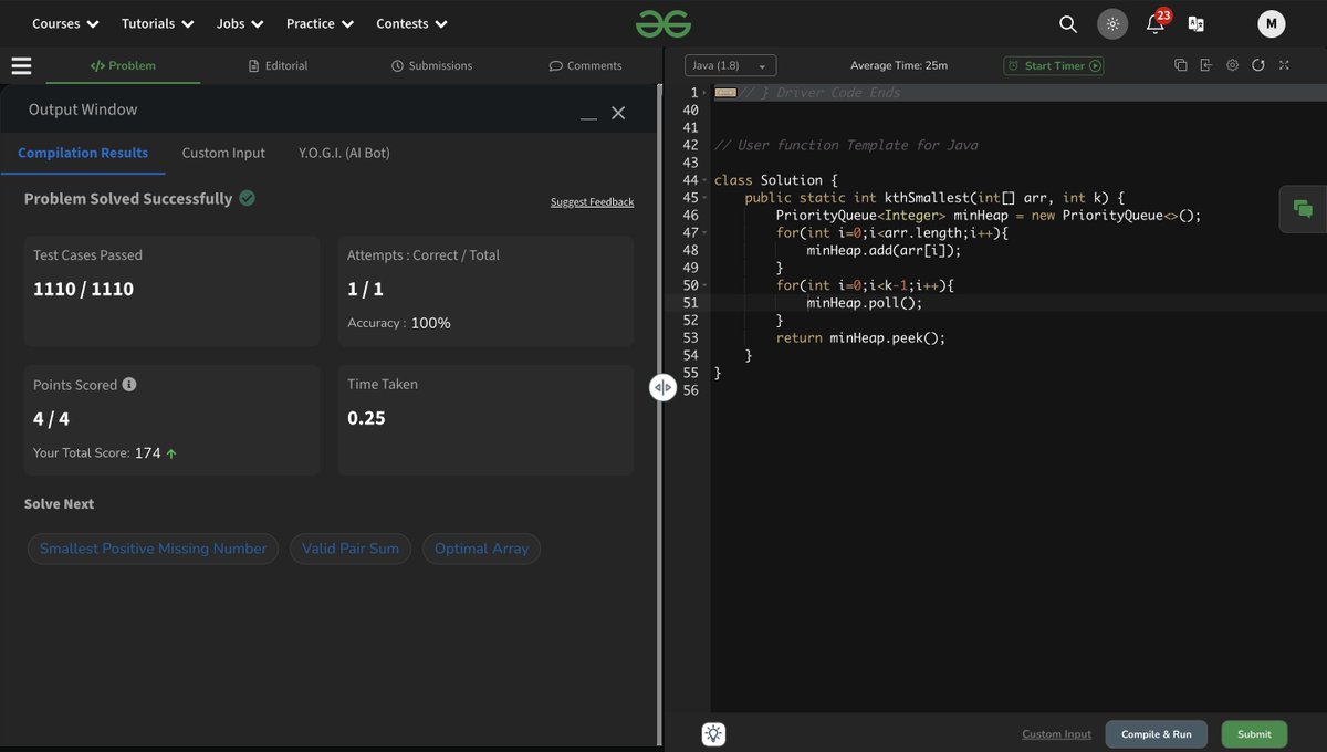 Mohd_Saqib_'s tweet image. 🚀 Day 88 of #100DaysOfCoding 🚀
✅ Kth Smallest Element in Array using Priority Queue.
Min-heaps made finding the smallest elements a breeze! Loving the optimization in each problem.
#PriorityQueue #Java #Heaps #DSA #100DaysOfCode #LeetCode #GFG #letsconnect #connect