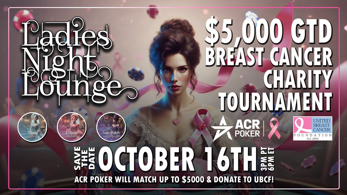 Join <a href="/LadiesNight_ACR/">LadiesNightLounge</a> &amp; friends for a magical poker night! ✨

$15K &amp; $5K GTDs await, with <a href="/ACR_POKER/">ACR Poker</a> matching up to $20K for the <a href="/UBCF/">UBCF</a> United Breast Cancer Foundation.

Let’s raise the stakes for a good cause! 🎉 Tonight at 6PM ET / 3PM PT. #PokerForACause #GoodVibes