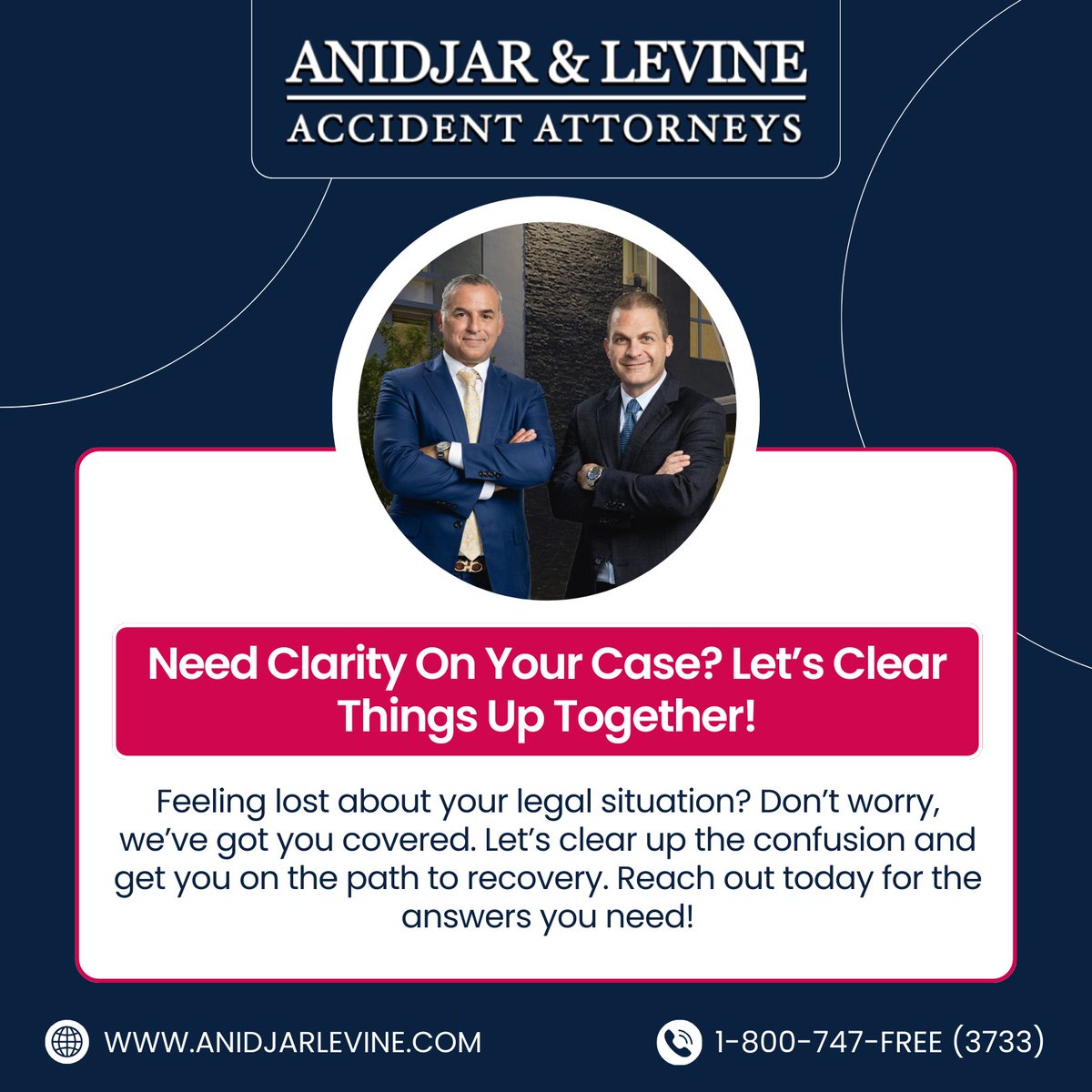 AnidjarLevine's tweet image. If you're feeling uncertain or overwhelmed about your legal situation, we're here to help! 

Let’s discuss your case and work toward a solution together. 💼

Phone: 1-800-747-3733
Website: anidjarlevine.com

#AnidjarLevine #LegalClarity #PersonalInjuryHelp #FloridaLawyers