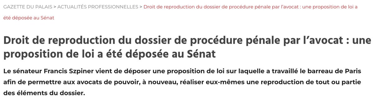 VBousardo's tweet photo. Chose promise, chose due.

Sur la base des travaux d'@Avocats_Paris, M. le sénateur @fszpiner a déposé cette semaine une proposition de loi visant à rétablir la possibilité pour les avocats de réaliser eux-mêmes une reproduction de tout ou partie des éléments d'un dossier pénal.

Pour mémoire, cette possibilité avait été annulée, le 24 juillet dernier, par le Conseil d'État. Une décision que nous continuons de considérer comme une entrave majeure au travail quotidien des avocats et à l'exercice les droits de la défense.

Le dépôt de cette proposition de loi marque une étape clé, et nous oeuvrons désormais pour qu'elle soit inscrite à l'ordre du jour dans les plus brefs délais.

➡️ Pour en savoir plus : https://t.co/hzu98zDmHV