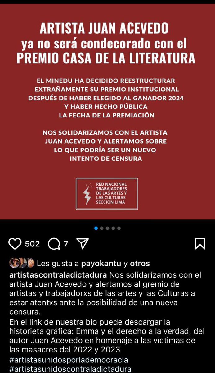 Nat_iva's tweet photo. Preocupante como se viene instrumentalizando al Ministerio de Cultura para venganzas políticas. Primero el Dúo Arguedas y ahora con el caricaturista Juan Acevedo, ambos opositores al régimen de Boluarte.
La #CasaDeLaLiteratura y el #Micul deben brindar explicaciones YA. https://t.co/YTesXs0jIU