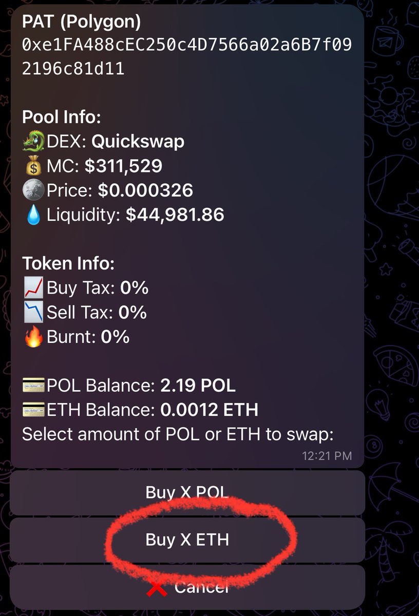 PatOnPolygon's tweet photo. 🟣 HUGE ANNOUNCEMENT 🟣

PAT has just integrated the “Swap with ETH” functionality into our telegram bot!

What does this mean?

You can now trade all of your favorite POL memecoins without having to manually bridge!

Bringing more traders to @0xPolygon one step at a time! https://t.co/wkwVP4tAGF