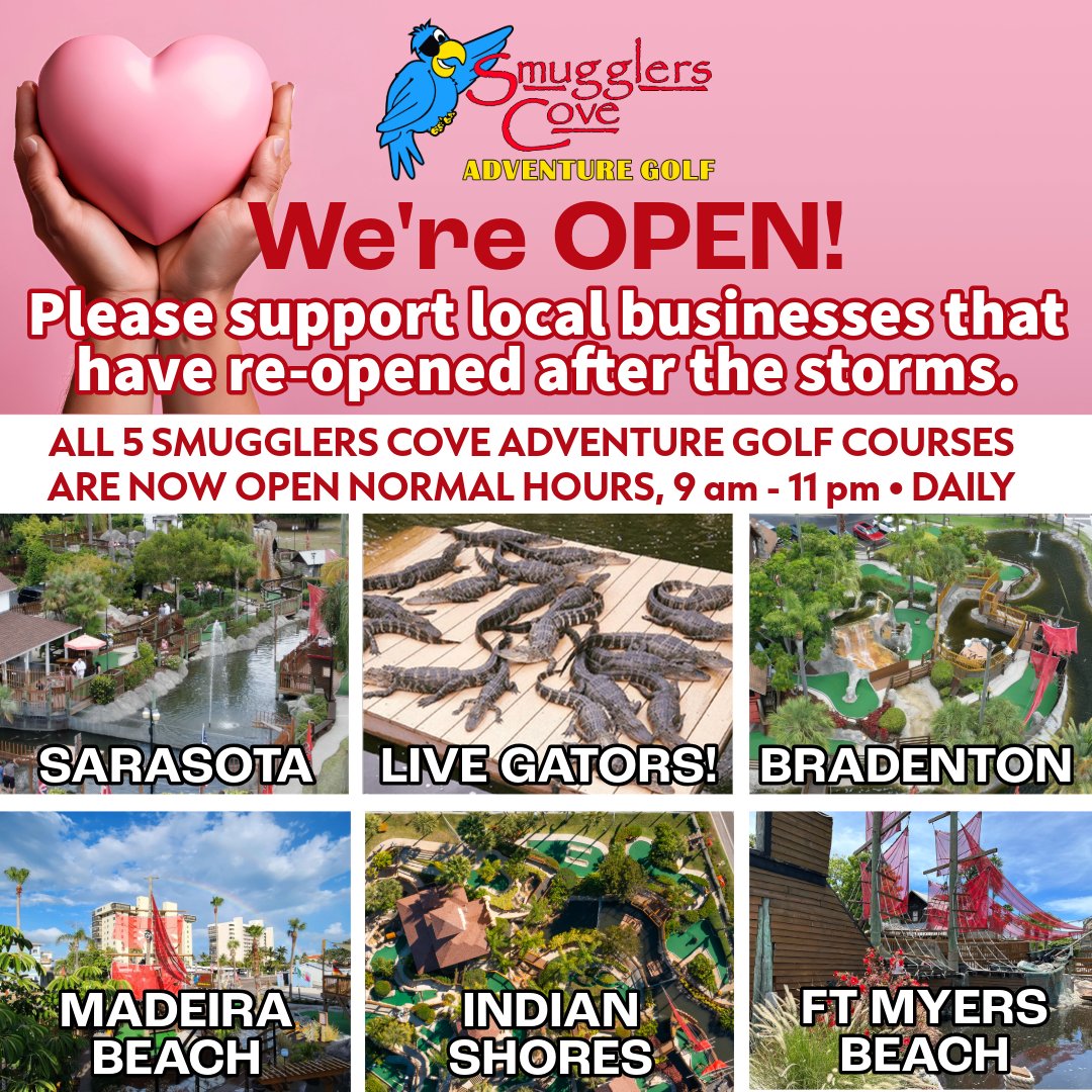 SmugglersCove's tweet photo. Please support the local businesses re-opening after Hurricane Helene and Milton.
Smugglers Cove Adventure Golf has re-opened all 5 Adventure Golf Courses in Southwest, Florida.
https://t.co/rBb4rUctxR
#floridastrong #floridarecovery https://t.co/J5MAY249Qs