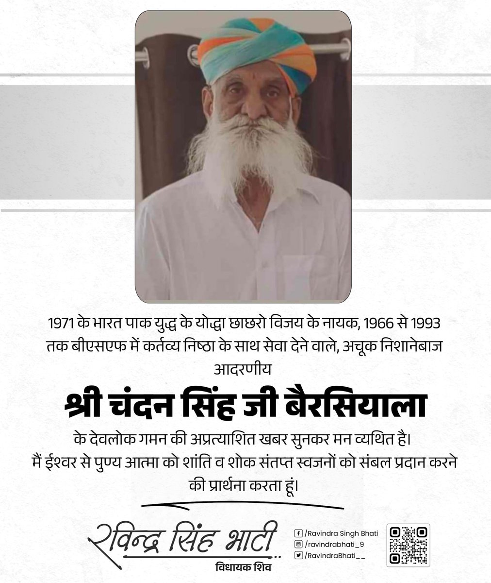 1971 के भारत पाक युद्ध के योद्धा छाछरो विजय के नायक, 1966 से 1993 तक बीएसएफ में कर्तव्य निष्ठा के साथ सेवा देने वाले, अचूक निशानेबाज आदरणीय श्री चंदन सिंह जी बैरसियाला के देवलोक गमन की अप्रत्याशित खबर सुनकर मन व्यथित है। 

मैं ईश्वर से पुण्य आत्मा को शांति व शोक संतप्त स्वजनों को
