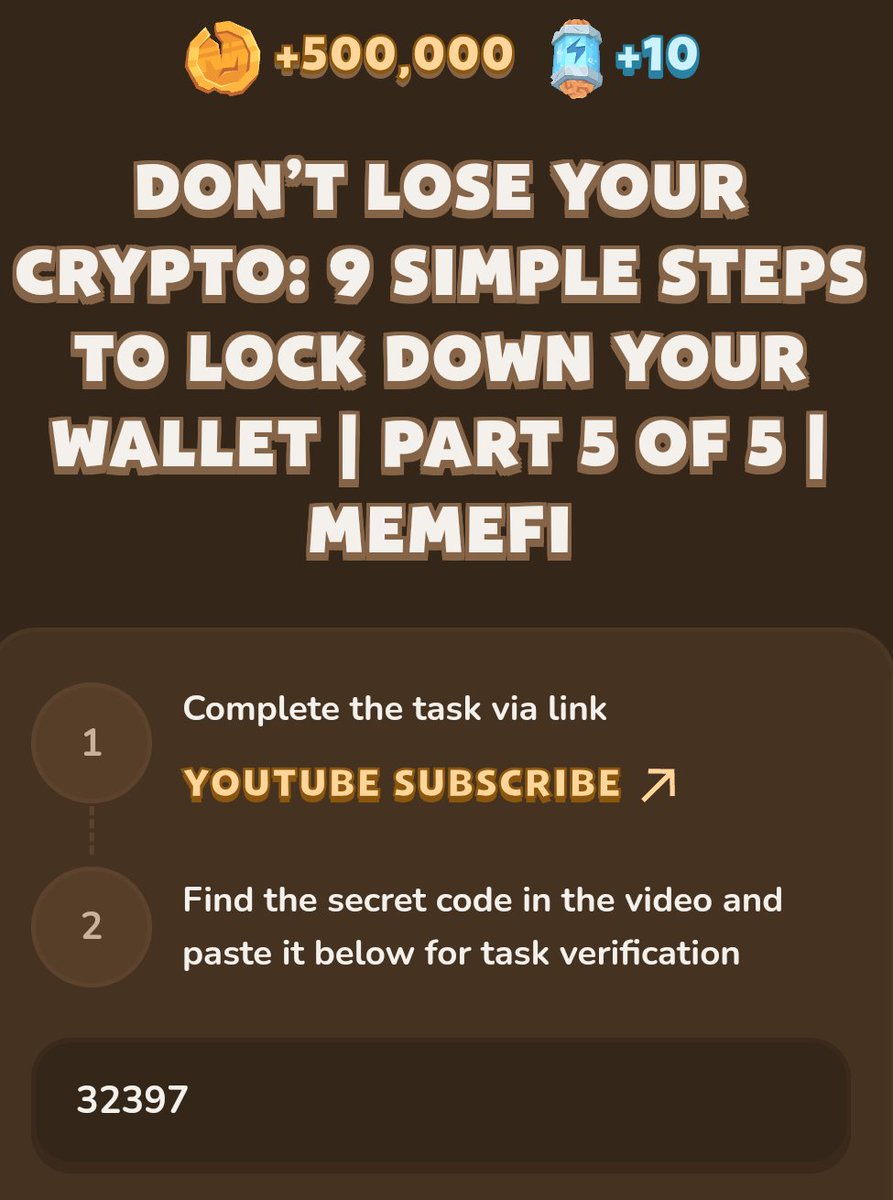 MSCryptoMiner's tweet photo. New #MemeFi Code 16 Oct !! 

▶️ - Don't Lose Your Crypto:  9 Simple Steps to Lock Down Your Wallet | Part 5 of 5 
✅ - 32397 https://t.co/uFVSiHJmX1