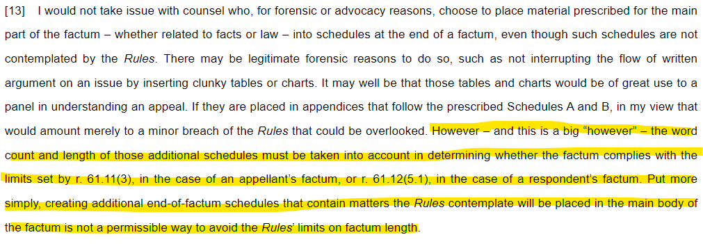 jay_saf's tweet photo. Clear direction from #ONCA that while tables and/or additional schedules (beyond "A" and "B") are permissible, the words in those sections count towards the max 9,200 word limit in 61.12:  Boyer v Callidus Capital Corp, 2024 ONCA 761 (per Brown JA) #cdnlaw https://t.co/1Evhlhwlv8 https://t.co/hUJyPsZpad
