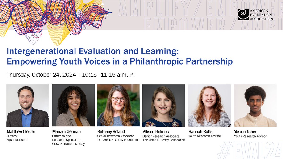 Equal Measure (@eqmeasure) on Twitter photo What does partnering with youth and young adults in research and #evaluation look like? We'll share our learnings at an <a href="/aeaweb/">Evaluation Headlines</a> roundtable with <a href="/AECFNews/">Annie E. Casey Foundation</a> and <a href="/CivicYouth/">CIRCLE</a>, 10/24 at 10:15 a.m. PT. #Eval24 What does partnering with youth and young adults in research and #evaluation look like? We'll share our learnings at an <a href="/aeaweb/">Evaluation Headlines</a> roundtable with <a href="/AECFNews/">Annie E. Casey Foundation</a> and <a href="/CivicYouth/">CIRCLE</a>, 10/24 at 10:15 a.m. PT. #Eval24