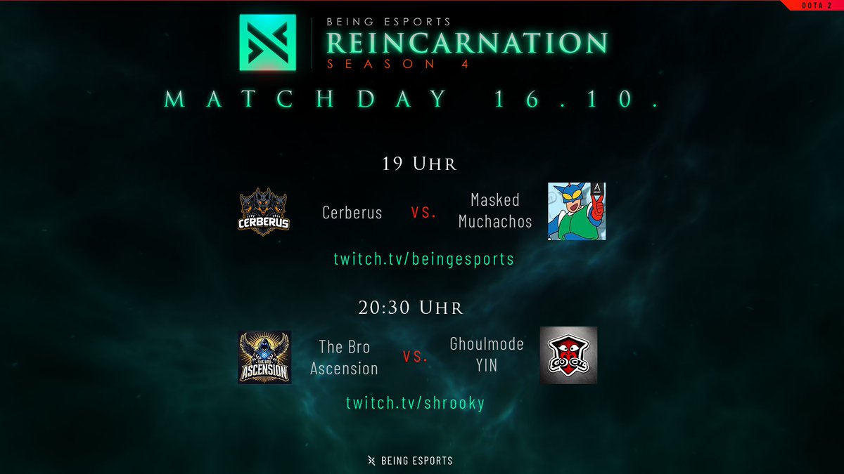 Auch heute geht es wieder rund in der #REINCARNATION - nämlich in der zweiten Liga! 

Sogar mit einem Match mehr als im Streamplan - das kam erst kurzfristig zustande! Viel Spaß!

twitch.tv/beingesports 
twitch.tv/shrooky

Küsschen an <a href="/bitburger00/">bitburger00</a> 💛💙