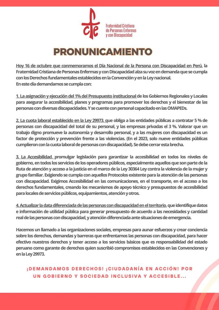 📍 La Frater Perú, organización que trabaja por el cumplimiento y el respeto por los derechos de las personas con discapacidad en el Perú, hace un llamado para recordar al Estado y la sociedad  sobre la labor pendiente en beneficio de las personas con #Discapacidad.