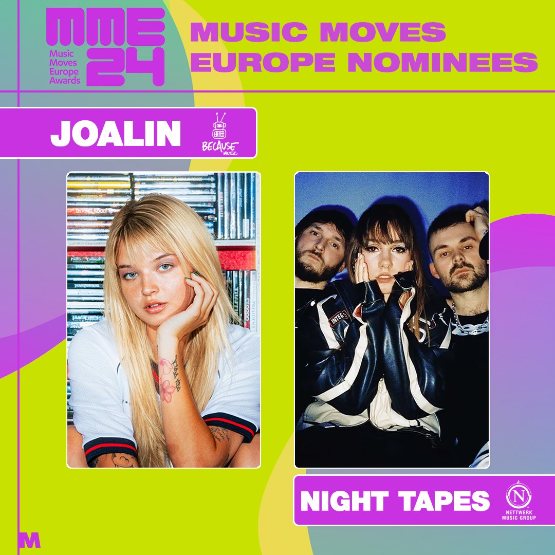 Merlin (@merlinnetwork) on Twitter photo Congratulations to <a href="/joalin/">JOALIN</a> of <a href="/becausemusic/">Because Music</a> and <a href="/nighttapes1/">nighttapes</a> of <a href="/NettwerkMusic/">Nettwerk Music Group</a> on their nominations for this year’s Music Moves Europe Awards. The MME awards celebrate emerging European artists making waves in the region. Congratulations to <a href="/joalin/">JOALIN</a> of <a href="/becausemusic/">Because Music</a> and <a href="/nighttapes1/">nighttapes</a> of <a href="/NettwerkMusic/">Nettwerk Music Group</a> on their nominations for this year’s Music Moves Europe Awards. The MME awards celebrate emerging European artists making waves in the region.