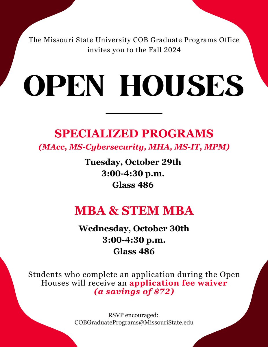 MOStateMBA's tweet photo. Attend the Open Houses on October 29th (Specialized Programs) or October 30th (MBA &amp; STEM MBA) to explore your graduate degree options, ask questions, and apply on the spot. Plus, you'll get your application fee waived—a savings of $72!

#MSUMBA https://t.co/Q1HOnaTD0p