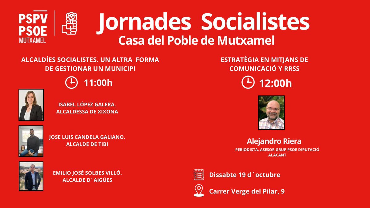 PSPVMutxamel's tweet photo. 📢 Jornades a Mutxamel: Un Espai per al Debat i la Participació Ciutadana 📢

Des de l’Agrupació Socialista de #Mutxamel vos convidem a participar en unes jornades de reflexió i debat sobre la gestió dels municipis menors de 30.000 habitants a la comarca de l’Alacantí. https://t.co/SwaBq0FurT