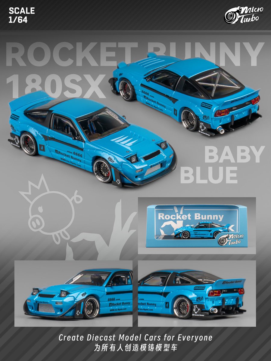 micro_turbo's tweet photo. New product pre-sale! 
180SX Rocket Bunny
Rocket Bunny wide body kit with baby blue color scheme. The jump light can be flipped open and closed, the bearing wheel axle is matched with the etched wheel hub, the engine details are engraved, and the interior modification details https://t.co/0n8i37RT3v