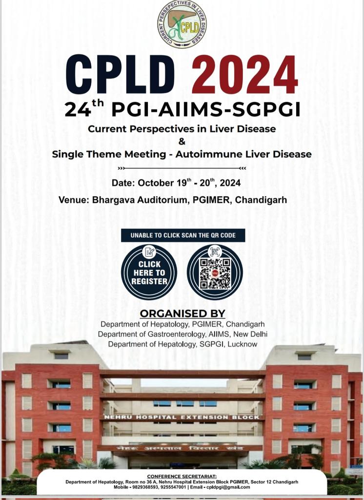 Ajay Duseja (@ajay_duseja) on Twitter photo CPLD-2024 
19th-20th October, Chandigarh 
We are all set to welcome the Hepatology community of the country to Chandigarh for 24th - PGI-AIIMS- SGPGI - Current Perspectives in Liver Disease
A not to be missed Academic Bonanza in Liver Disease
docs.google.com/forms/d/e/1FAI… CPLD-2024 
19th-20th October, Chandigarh 
We are all set to welcome the Hepatology community of the country to Chandigarh for 24th - PGI-AIIMS- SGPGI - Current Perspectives in Liver Disease
A not to be missed Academic Bonanza in Liver Disease
docs.google.com/forms/d/e/1FAI…