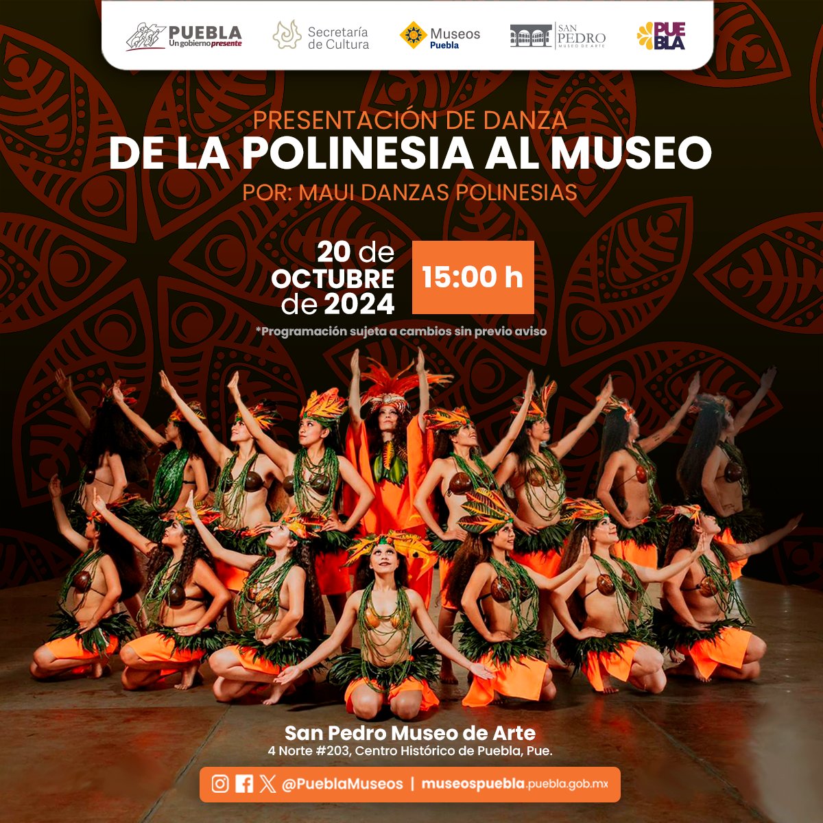 PueblaMuseos's tweet photo. Disfruta de la 𝐏𝐫𝐞𝐬𝐞𝐧𝐭𝐚𝐜𝐢ó𝐧 𝐝𝐞 𝐃𝐚𝐧𝐳𝐚 𝐃𝐞 𝐋𝐚 𝐏𝐨𝐥𝐢𝐧𝐞𝐬𝐢𝐚 𝐚𝐥 𝐌𝐮𝐬𝐞𝐨, este 20 de octubre 🌺💃 Sumérgete en los ritmos y movimientos que celebran la rica cultura polinesia 🎶 ¡Nos vemos en San Pedro Museo de Arte!
#MuseosPuebla
#SPMA
#DanzaPolinesia https://t.co/wtnlANklt5