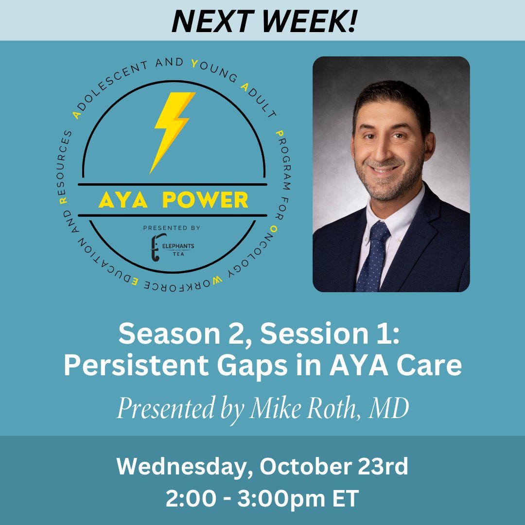 Elephants and Tea (@elephantstea) on Twitter photo You can still register for the first session of Season 2 of AYA POWER! "Persistent Gaps in AYA Care" with Mike Roth, MD.                                         
us02web.zoom.us/webinar/regist…
#AYAPOWER #AYA #oncology #aya #ayasupport #ayaoncology #ayaoncologytraining You can still register for the first session of Season 2 of AYA POWER! "Persistent Gaps in AYA Care" with Mike Roth, MD.                                         
us02web.zoom.us/webinar/regist…
#AYAPOWER #AYA #oncology #aya #ayasupport #ayaoncology #ayaoncologytraining