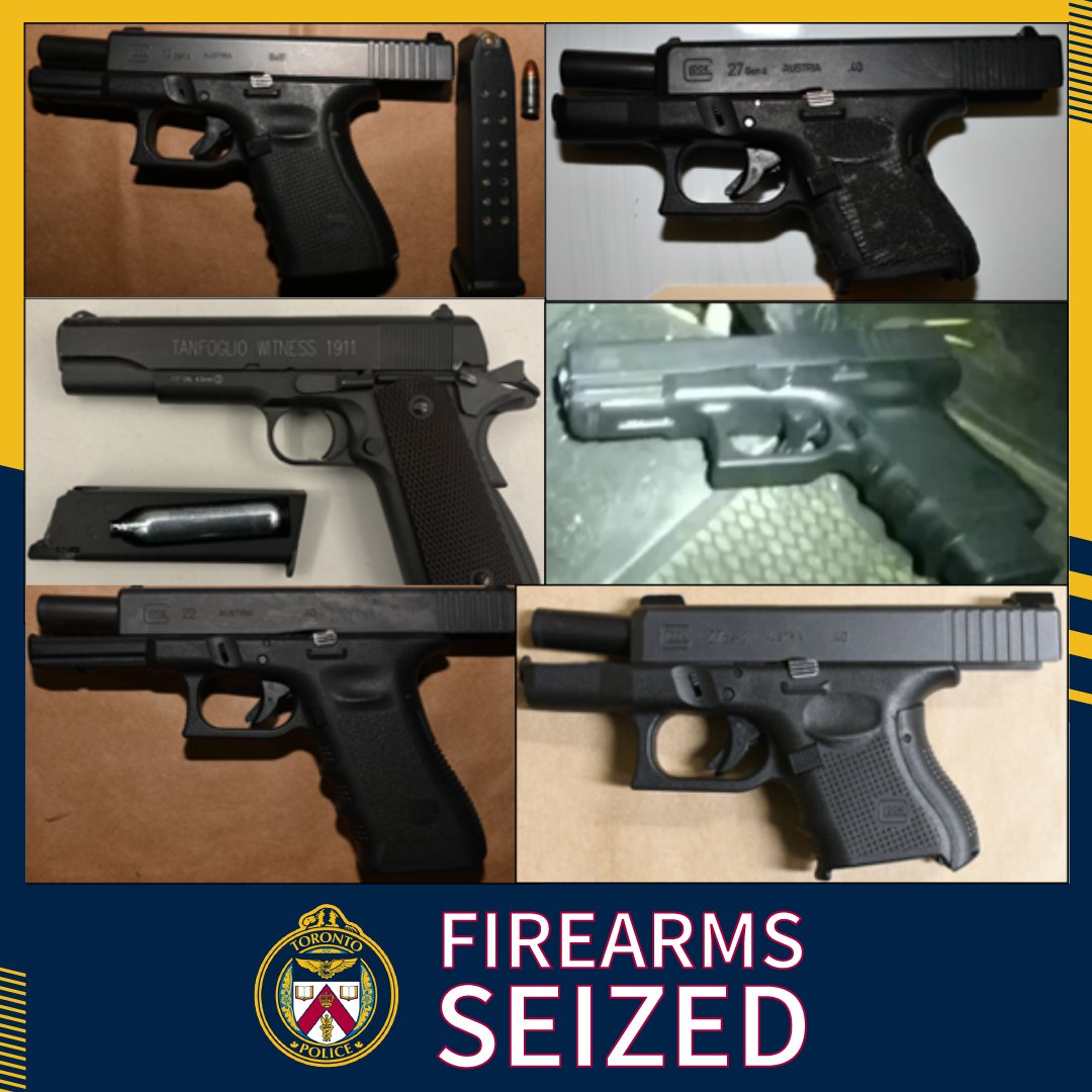 TorontoPolice's tweet photo. The safety of our city and getting guns and the criminals who use them off our streets is a Service priority.
In the last week, we seized 6 crime guns, laid 44 charges, and arrested 7 suspects, including 2 youths. 3 out of the 7 charged were out on bail. https://t.co/zv9mEo0Q6o
