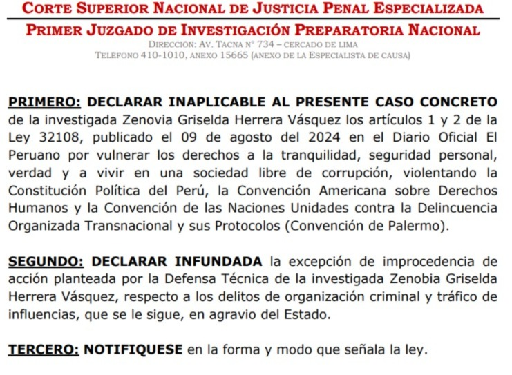 #PoderJudicial declara inaplicable Ley 32108 al caso de Zenovia Herrera Vásquez, investigada junto con Nicanor Boluarte y otros por organización criminal, porque norma “vulnera los derechos a la tranquilidad, seguridad personal, verdad y a vivir en una sociedad libre de